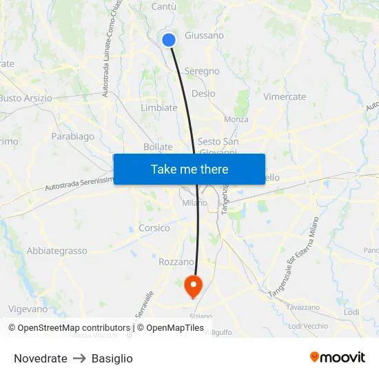 Novedrate to Basiglio map