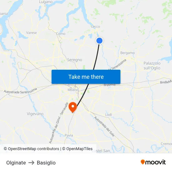 Olginate to Basiglio map