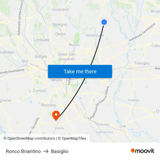 Ronco Briantino to Basiglio map