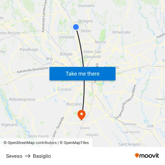 Seveso to Basiglio map