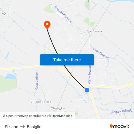 Siziano to Basiglio map