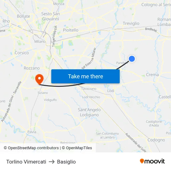 Torlino Vimercati to Basiglio map