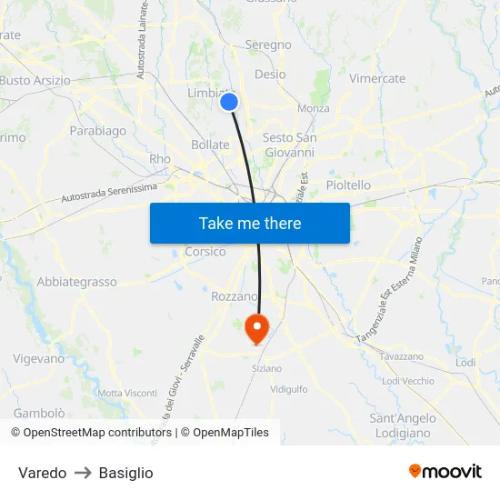 Varedo to Basiglio map