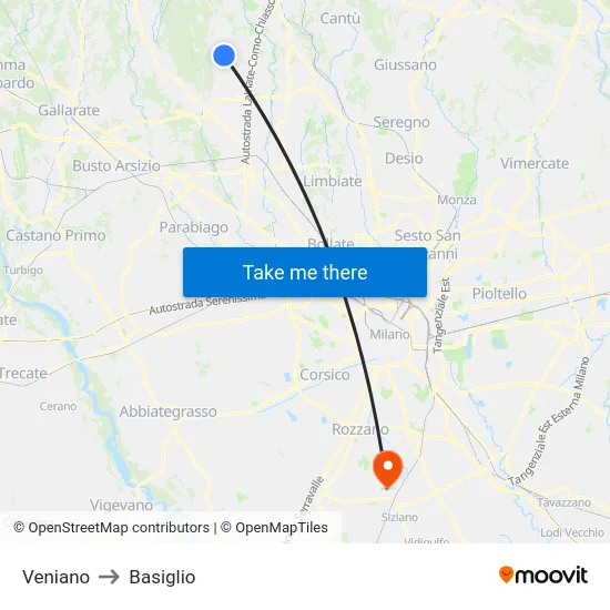 Veniano to Basiglio map