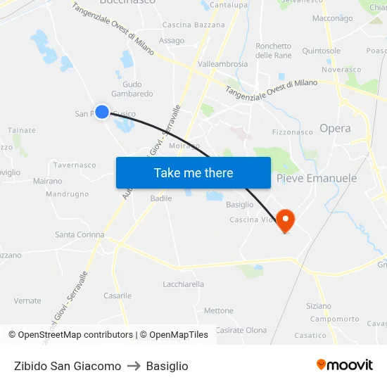 Zibido San Giacomo to Basiglio map