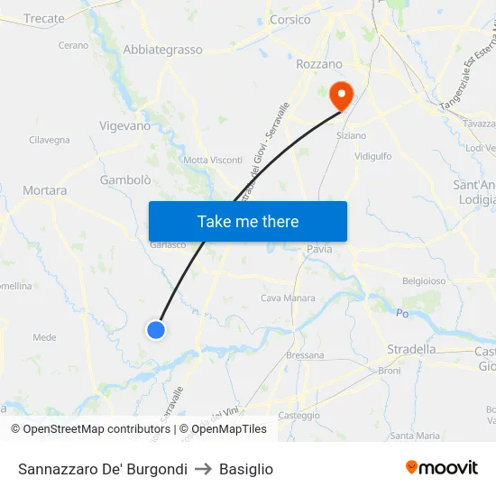 Sannazzaro De' Burgondi to Basiglio map