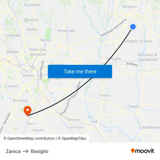 Zanica to Basiglio map