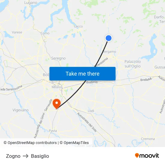 Zogno to Basiglio map
