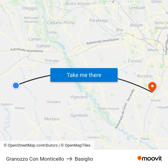 Granozzo Con Monticello to Basiglio map