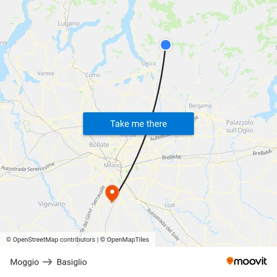 Moggio to Basiglio map