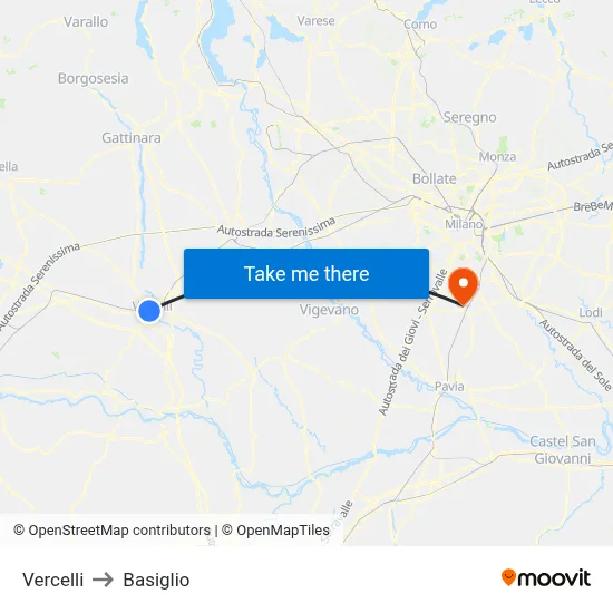 Vercelli to Basiglio map