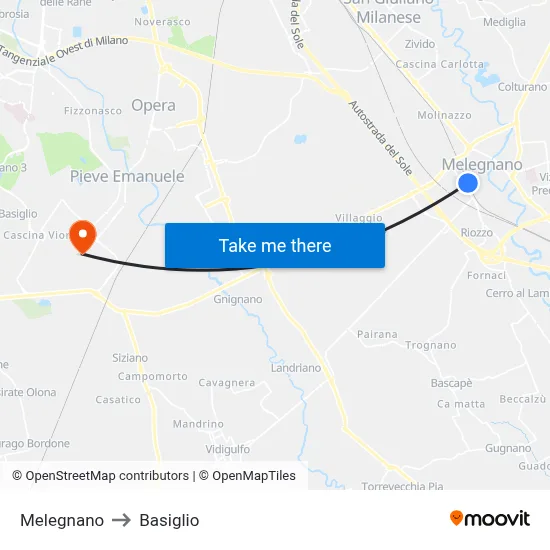 Melegnano to Basiglio map