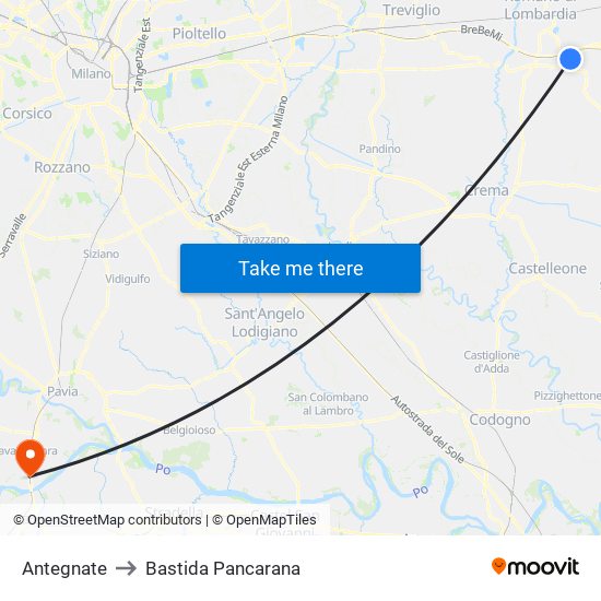 Antegnate to Bastida Pancarana map