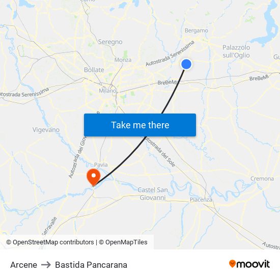 Arcene to Bastida Pancarana map