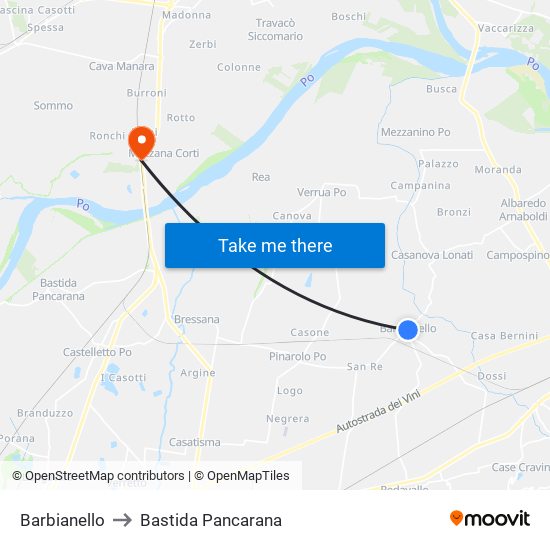 Barbianello to Bastida Pancarana map