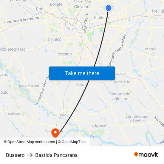 Bussero to Bastida Pancarana map