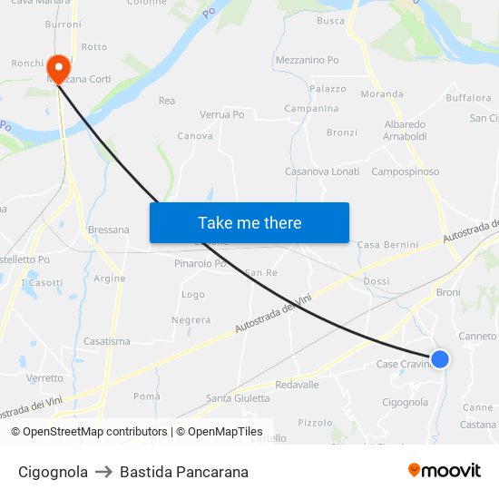 Cigognola to Bastida Pancarana map