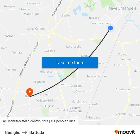Basiglio to Battuda map