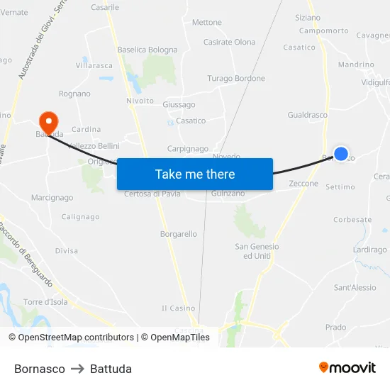 Bornasco to Battuda map