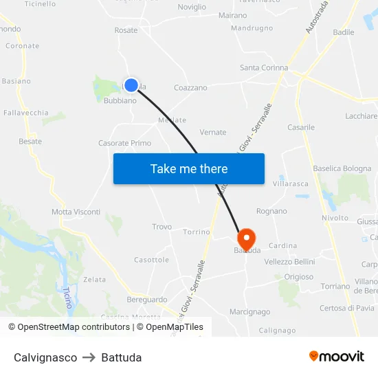 Calvignasco to Battuda map