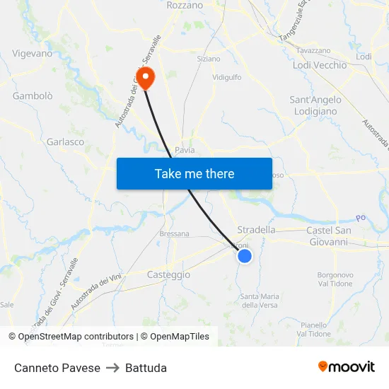 Canneto Pavese to Battuda map