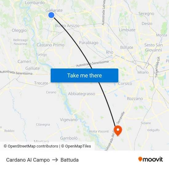 Cardano al Campo to Battuda map