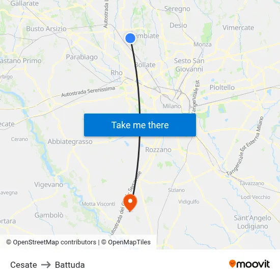 Cesate to Battuda map