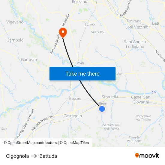 Cigognola to Battuda map