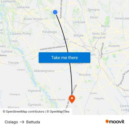 Cislago to Battuda map