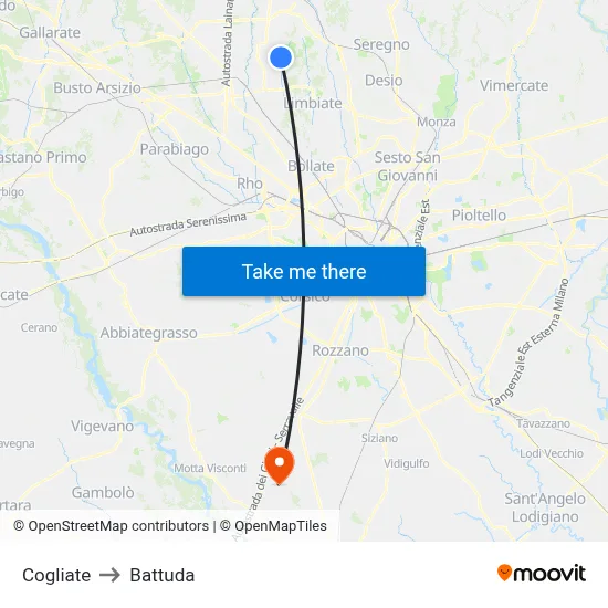 Cogliate to Battuda map
