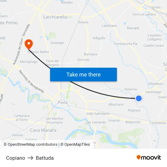 Copiano to Battuda map