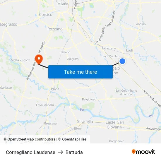 Cornegliano Laudense to Battuda map