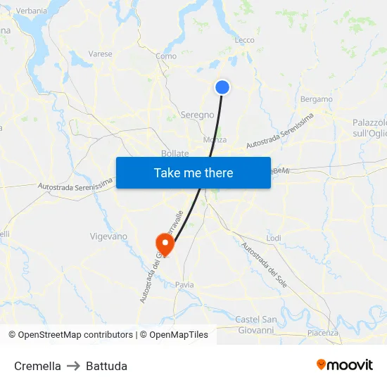 Cremella to Battuda map
