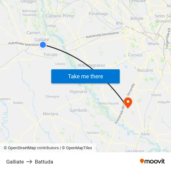 Galliate to Battuda map
