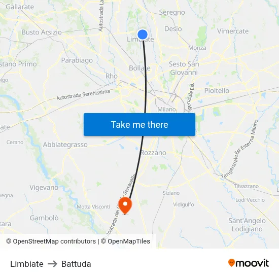 Limbiate to Battuda map