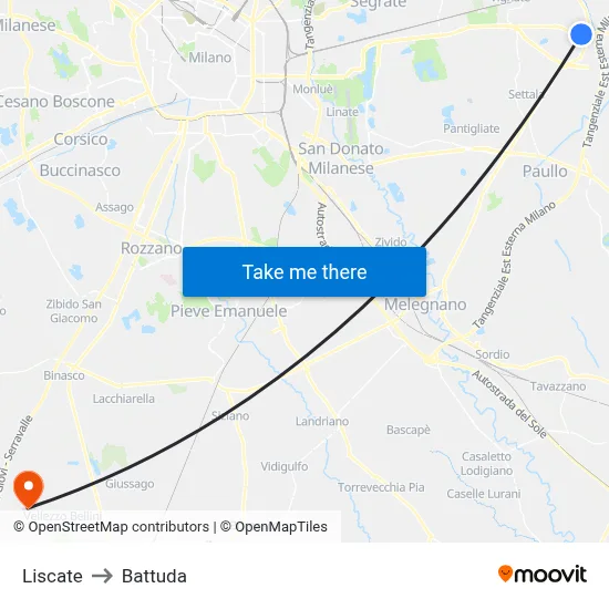 Liscate to Battuda map