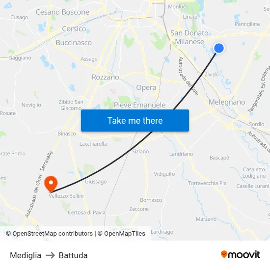 Mediglia to Battuda map