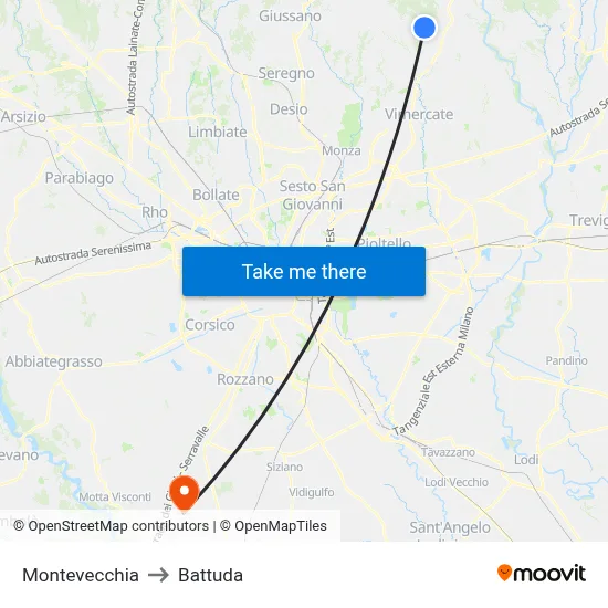 Montevecchia to Battuda map