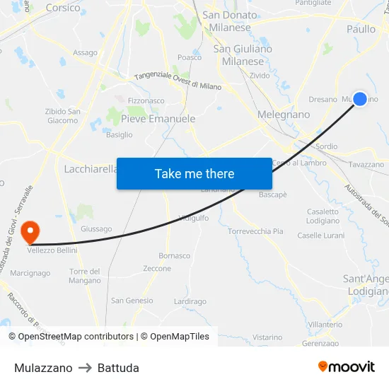 Mulazzano to Battuda map