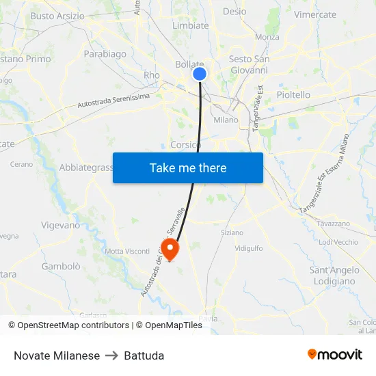 Novate Milanese to Battuda map