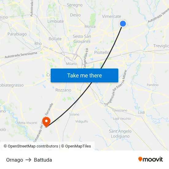 Ornago to Battuda map