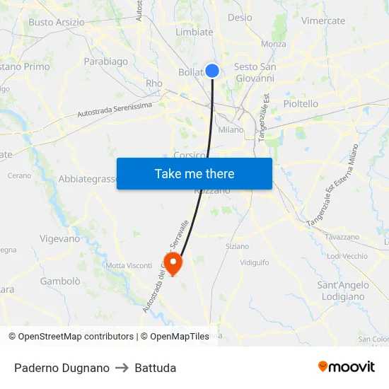 Paderno Dugnano to Battuda map