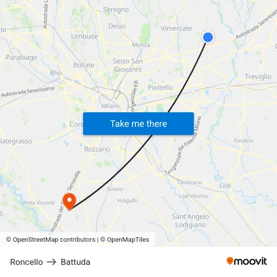 Roncello to Battuda map