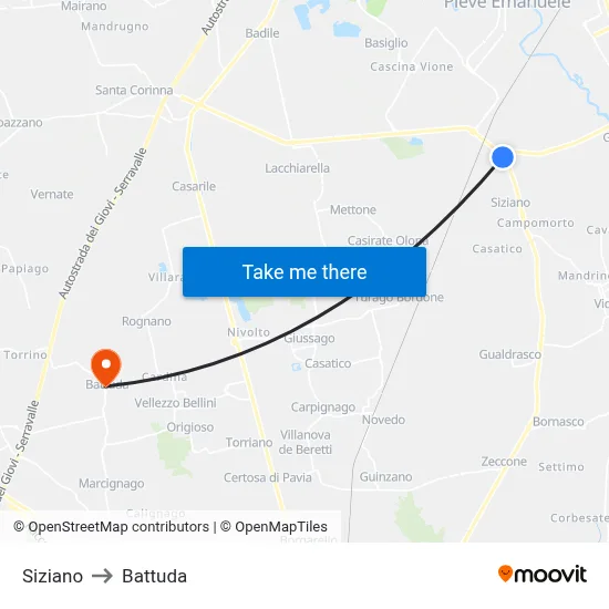 Siziano to Battuda map
