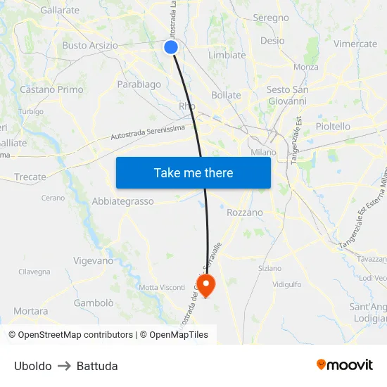 Uboldo to Battuda map