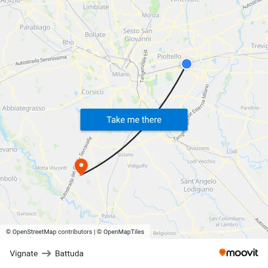 Vignate to Battuda map