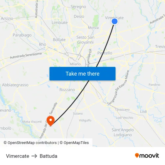 Vimercate to Battuda map