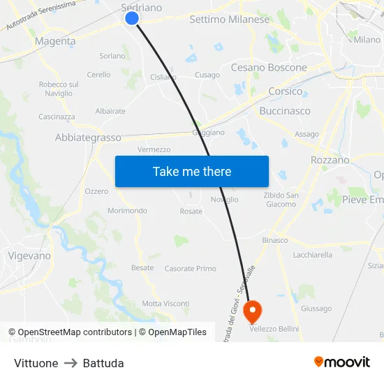 Vittuone to Battuda map