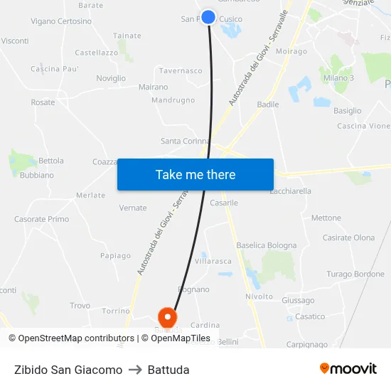 Zibido San Giacomo to Battuda map