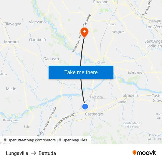 Lungavilla to Battuda map